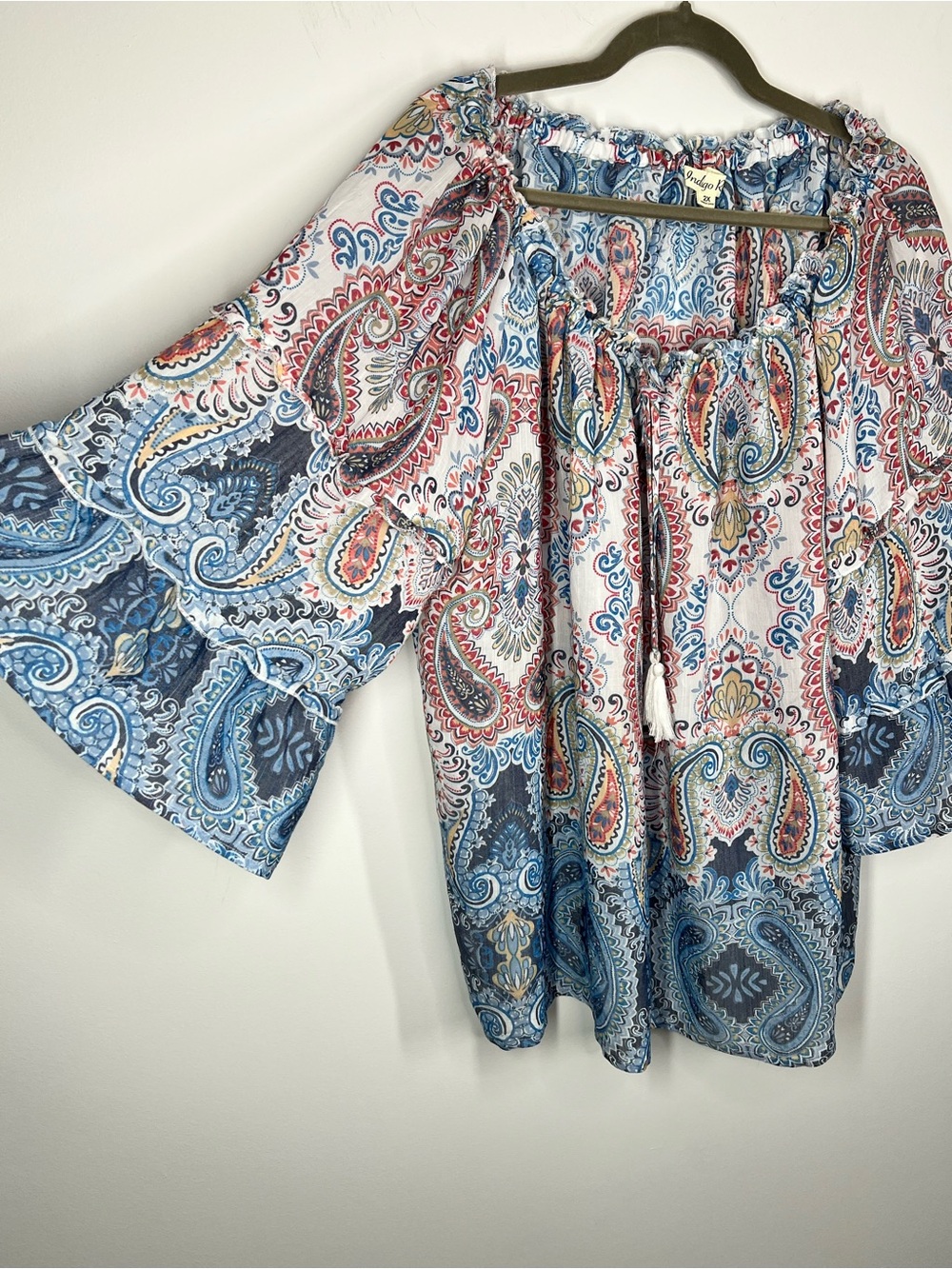 NWT Indigo Rose Flowy Tiered Sleeve Tassel Tie Pheasant Top 2X - Picture 2 of 8